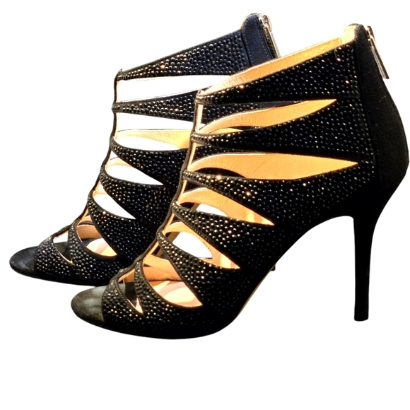 MICHAEL Michael Kors Woman's Mavis Open Toe Black Suede Heel Sandals w/ Crystals - Picture 2 of 13